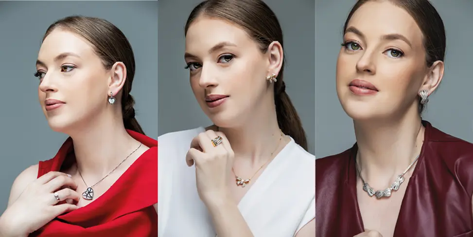 Models display Organa pieces: earrings, necklaces and rings with the brand's signature aesthetic