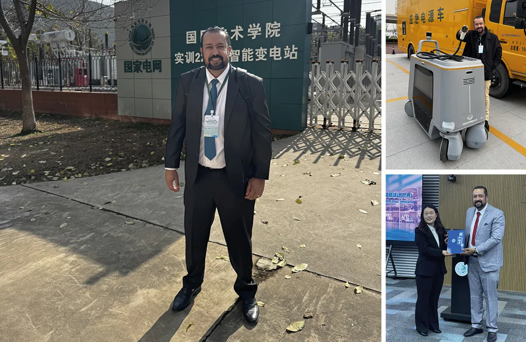 Felipe Xavier na frente da estatal de energia elétrica na China durante certificação técnica internacional