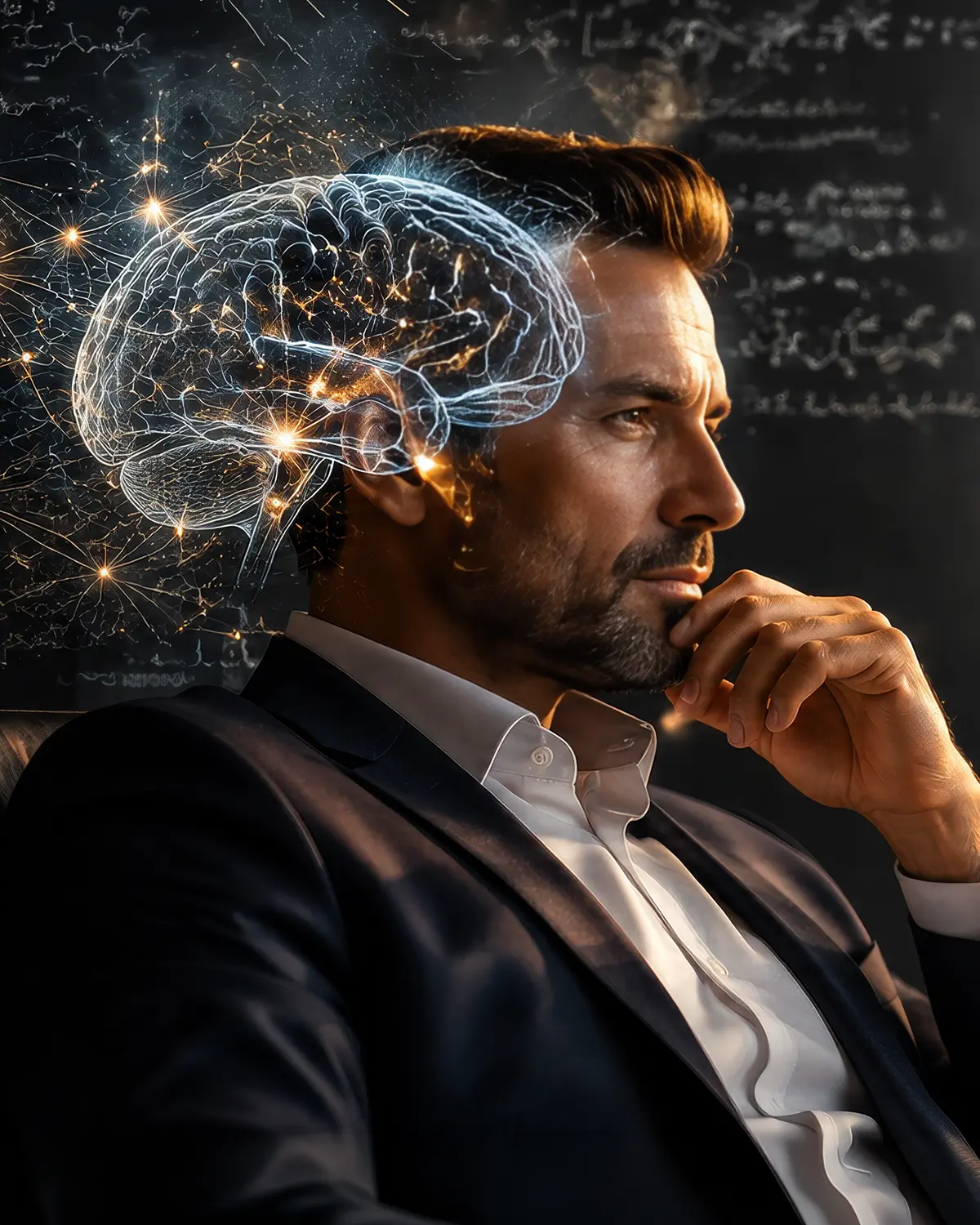 Homem de terno escuro e camisa branca, de perfil, com ilustração digital de cérebro e sinapses emergindo da cabeça