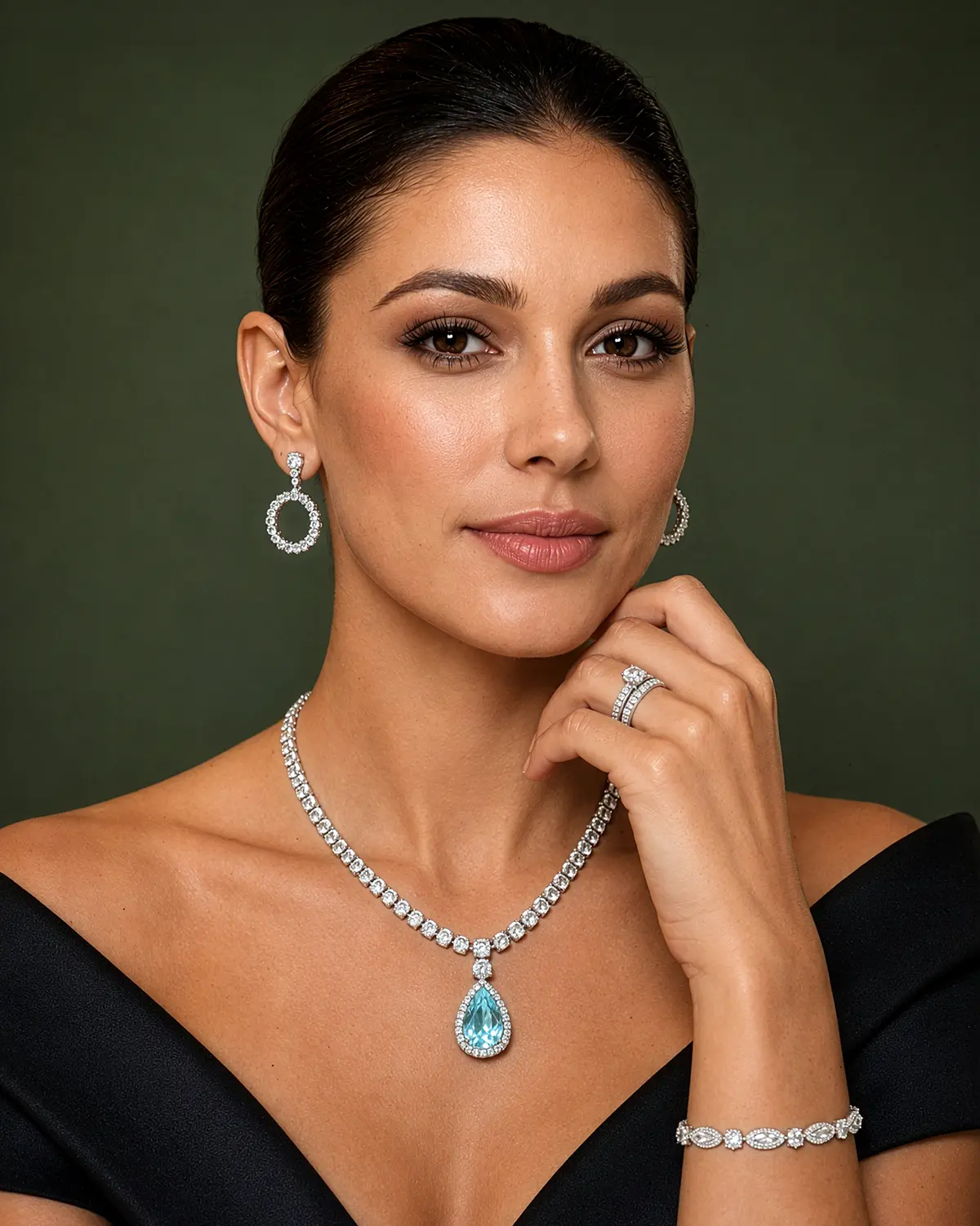 Modelo usando colar com pingente de pedra azul, brincos circulares e pulseira de diamantes em vestido preto
