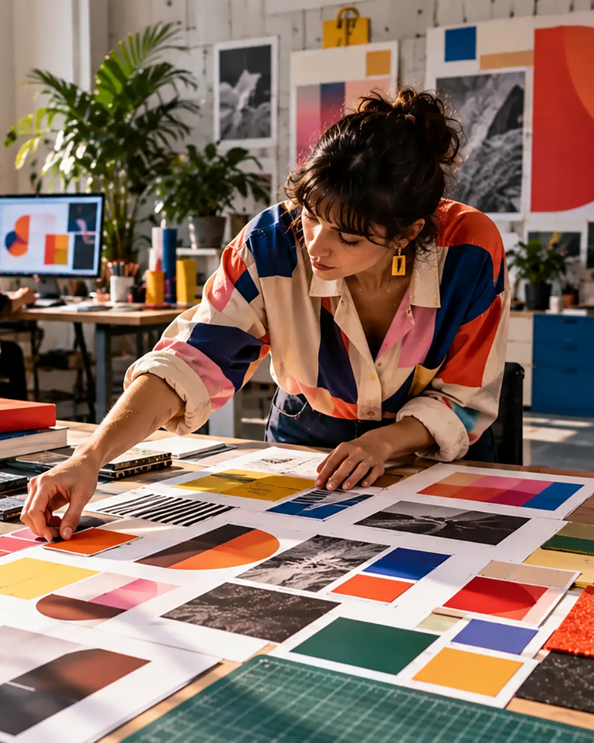 Mulher debruçada sobre mesa coberta com amostras de cores e materiais gráficos em estúdio de design com painéis coloridos ao fundo