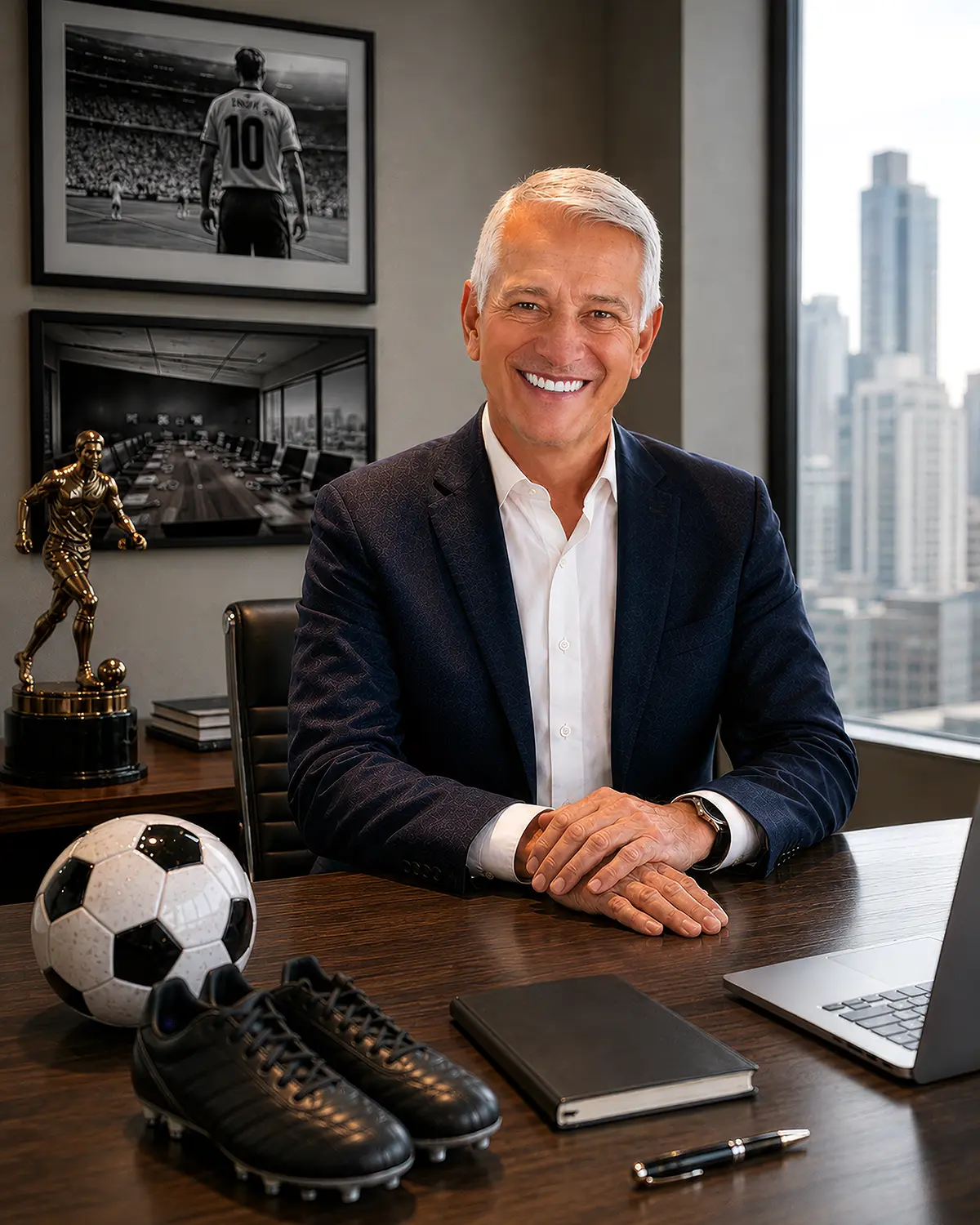 Homem de cabelos brancos e blazer azul sentado à mesa com bola de futebol, chuteiras, caderno e notebook; quadros e troféu ao fundo