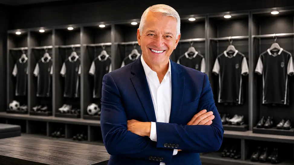 Homem de cabelos brancos, blazer azul marinho e camisa branca, de braços cruzados, sorrindo, em frente a armários com uniformes e equipamentos esportivos pendurados